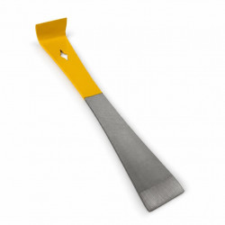 Yellow and metal hive tool with curved end on white background, angled view