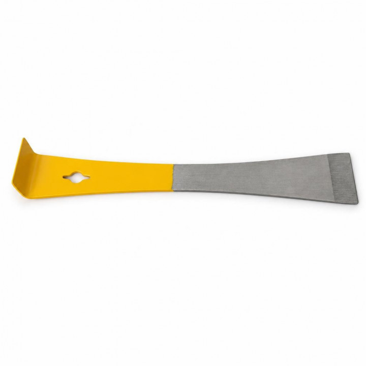 Horizontal view of yellow and metal hive tool with hole on white background