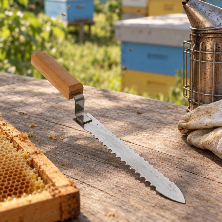 Serrated beekeeping knife on wooden table by honeycomb, smoker and glove at an apiary