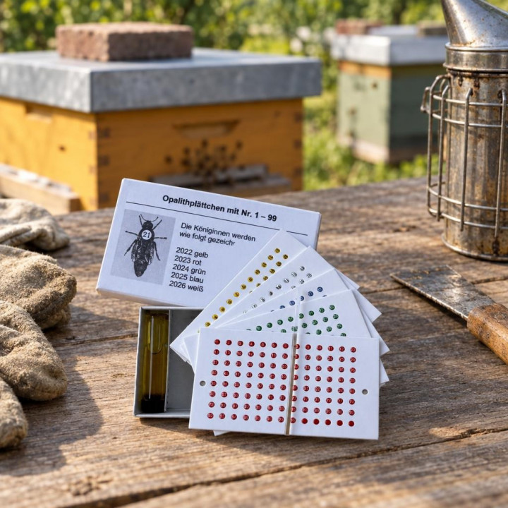 Set of numbered marking discs on an apiary wooden table with smoker, gloves, and hives