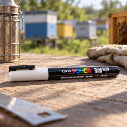 POSCA marker on a wooden table near a bee smoker and hives