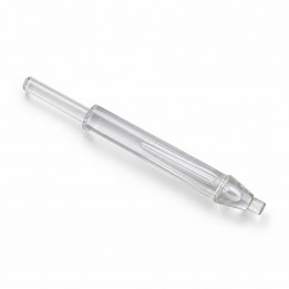 Clear cell cup removal tool lying diagonally on a white background