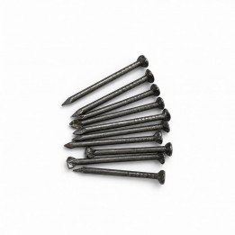 Dark metal nails arranged in rows on a white background