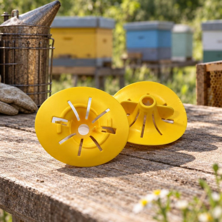 Yellow wasp trap inserts on a table in an apiary, beehives behind