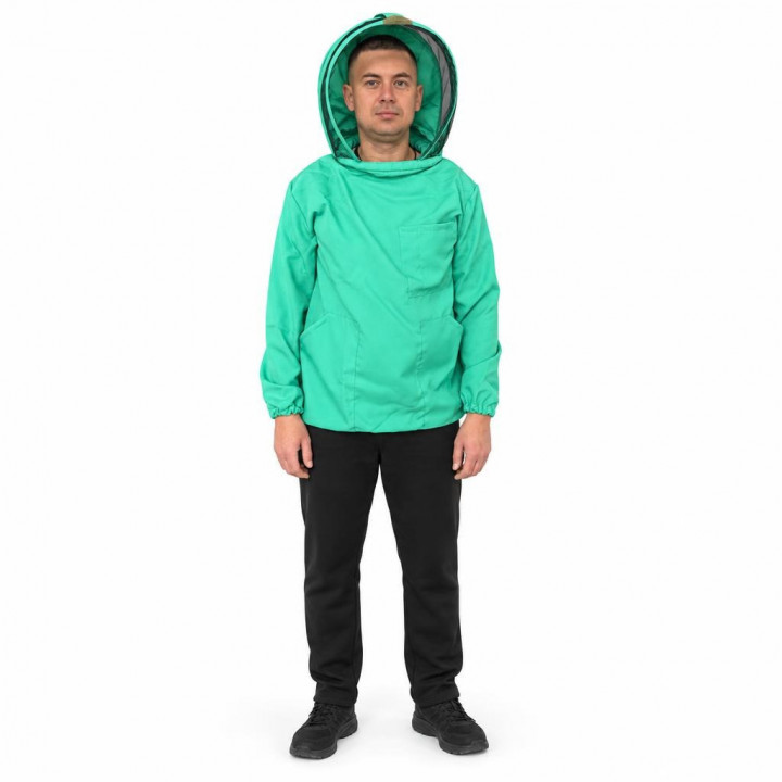 Front view of turquoise beekeeping jacket with veil on a model in studio