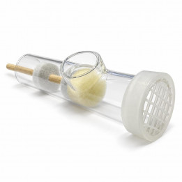 Clear Flaubert tube with foam and wooden plunger on a white background