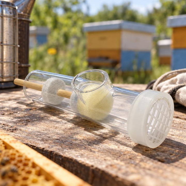 Flaubert tube on a wooden hive at an apiary, with smoker and glove nearby