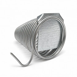 Metal spiral cap lying on its side, showing the inner plate, on a white background