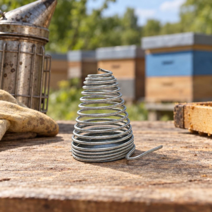 Spiral metal cap on a wooden apiary table, with a smoker nearby