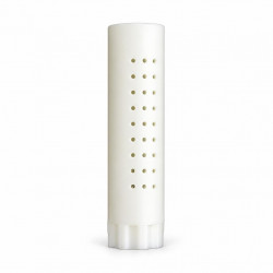 White perforated plastic cage cylinder standing upright on a white background