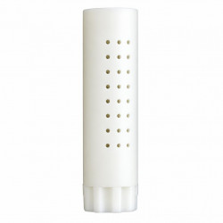 Close front view of a white perforated cage cylinder on a white background