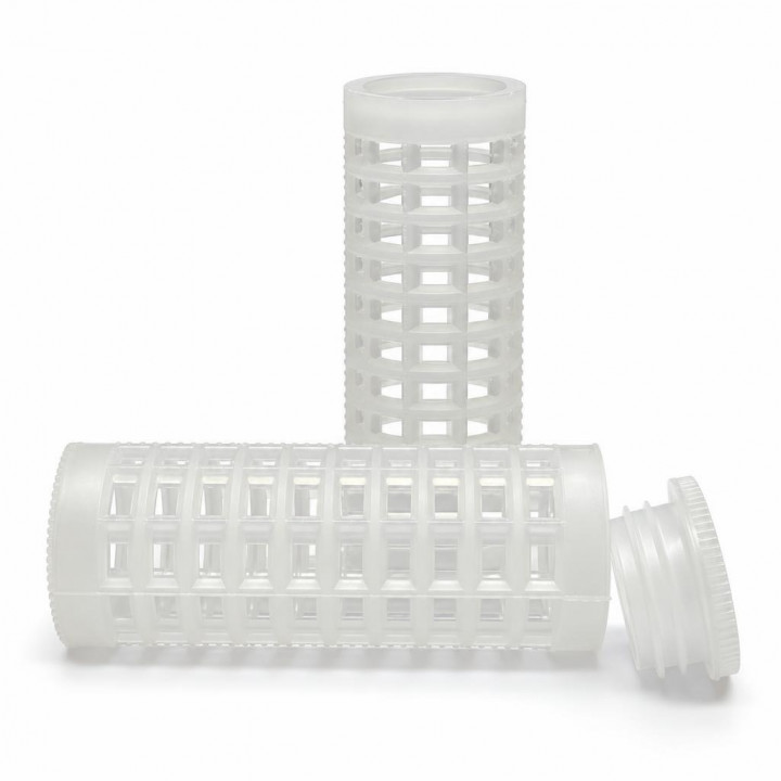 Translucent Jenter cages on white: one horizontal, one upright, with a cap beside it