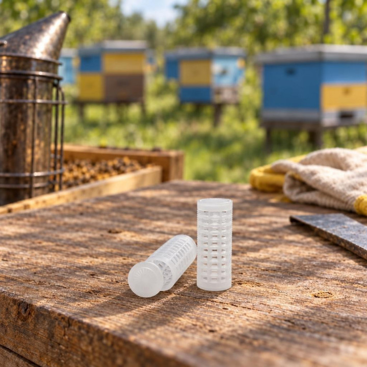 Two white plastic Jenter cages on a wooden table at an apiary, beehives in the background