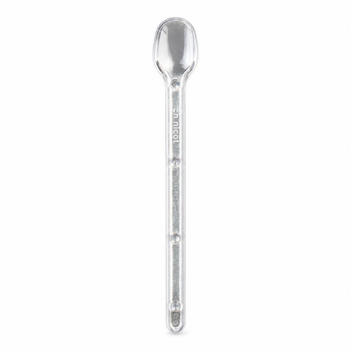 Clear Nicot spoon shown vertically on a white background, top view