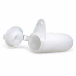Side view of Nicot artificial queen cell with cup, cap and tab on white background