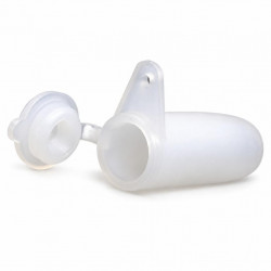 Close-up of translucent Nicot queen cell with cap and mounting tab on white background