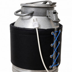Close-up of churn top, black wrap, white plug and blue lacing on a white background