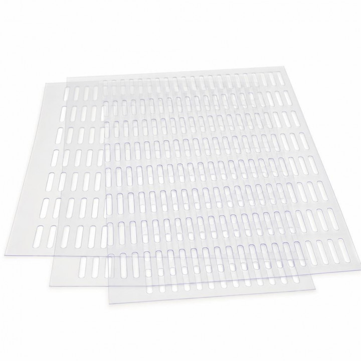 Several clear queen excluder sheets overlapping on a white background