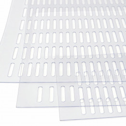 Close-up of clear excluder sheets with rows of oval slots on white