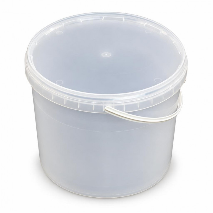 Translucent honey bucket with lid and white handle on a white background