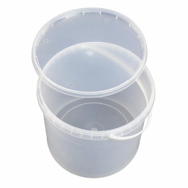 Open translucent honey bucket with raised lid on a white background