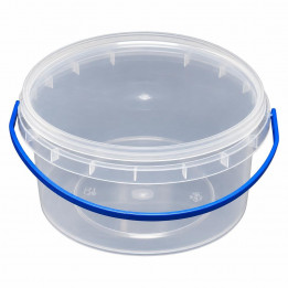 Open transparent bucket with blue handle on white background, front view