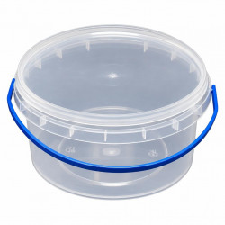 Open transparent bucket with blue handle on white background, front view