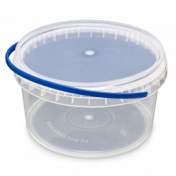 Clear bucket with lid, blue handle at the side, on a white background