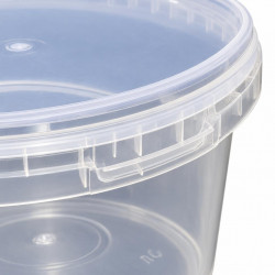 Close-up of the clear lid, rim and latch of the bucket on a white background