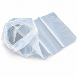 Open clear liner bag and unfolded plastic film on a white background