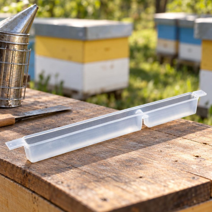 Clear feeder on a wooden apiary surface, with smoker and hives nearby