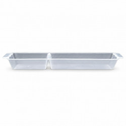 Transparent plastic bee feeder with center divider, front view on white background