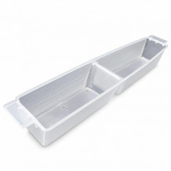 Transparent plastic bee feeder, angled top view on white background