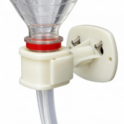 Close-up of bottle neck, plastic connector and mounting screws on a white background