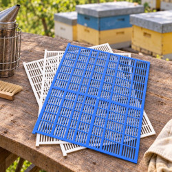 Blue and white queen excluder grids on a wooden table near hives and a bee smoker
