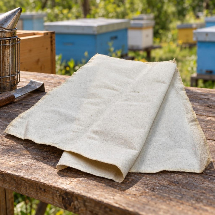 Folded fabric hive cover cloth on a wooden table near a smoker and beehives