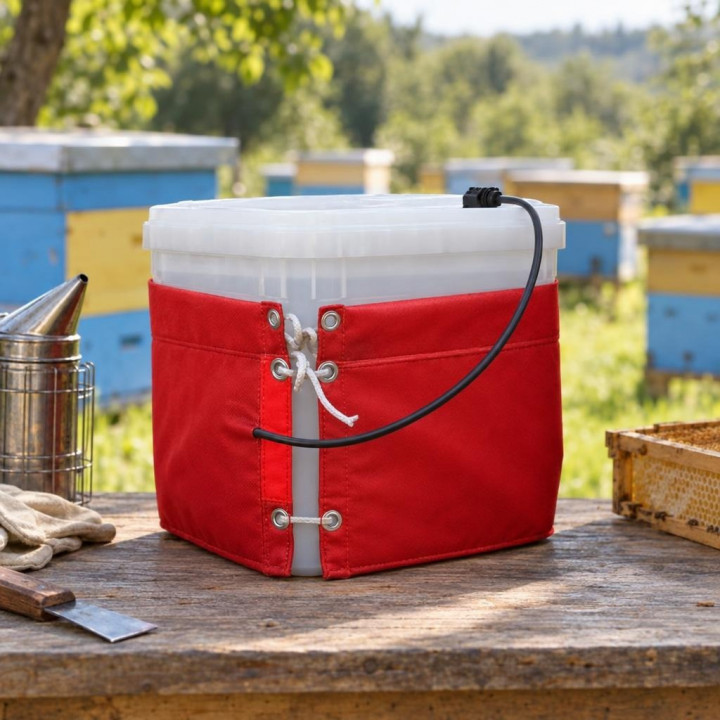 Red cover on cubotainer on an apiary table, with smoker, frame and hives behind