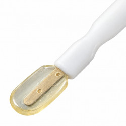 Close-up of the clear scoop and white handle of the spatula on a white background