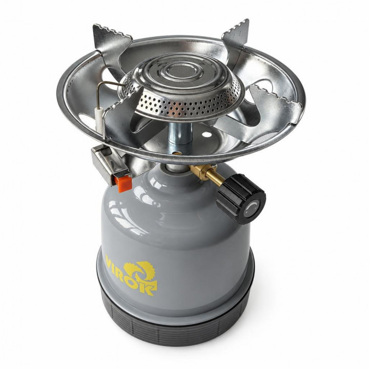 VIROK gas stove with metal burner and black control knob on a white background