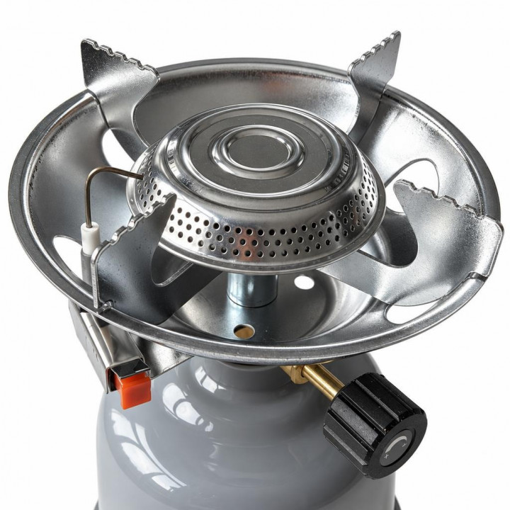 Close-up of the VIROK stove metal burner, pot supports and control knob