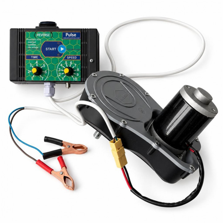 Pulse electric drive kit with motor, housing, control box and clamps on a white background