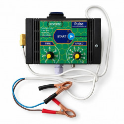 Pulse control unit with white cable and copper clamps on a white background
