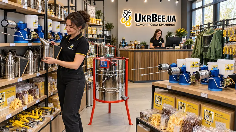 Візуалізація інтер’єру UkrBee.ua з товарами для пасіки та двома продавчинями
